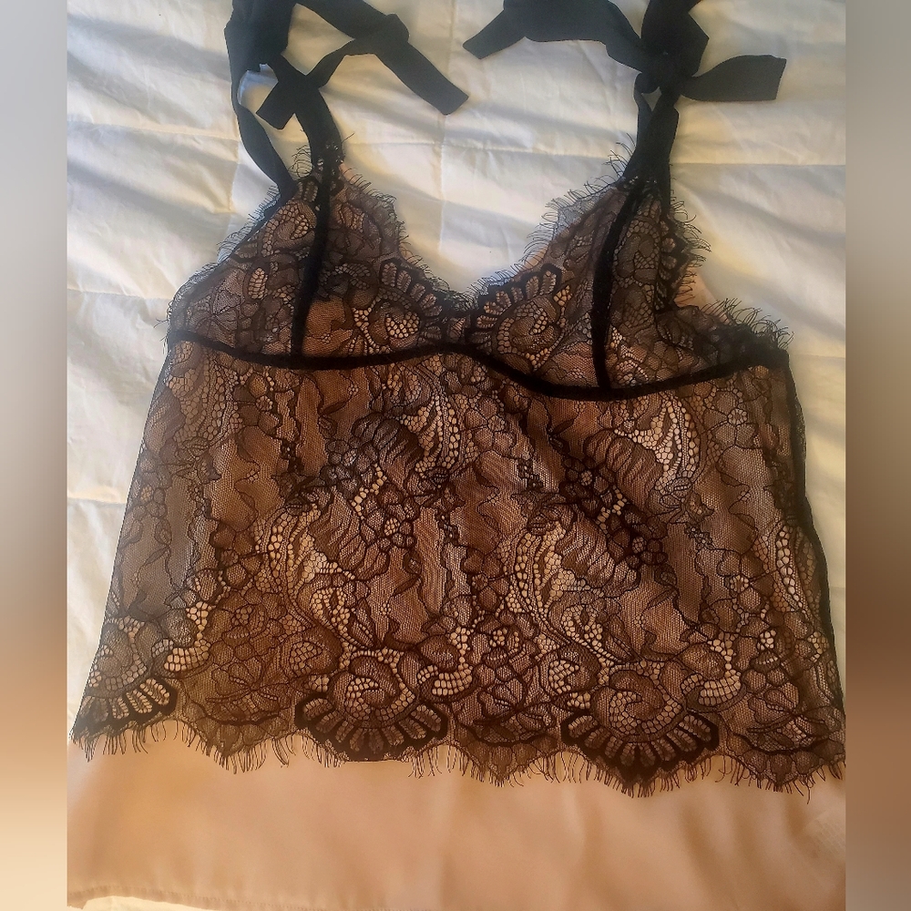Storia black lace, nude cami, ribbon straps. Medium